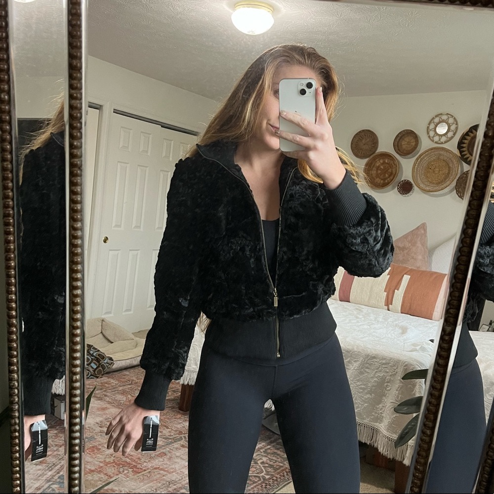Macy’s International Concepts Silky Fur Cropped Black Jacket NWT